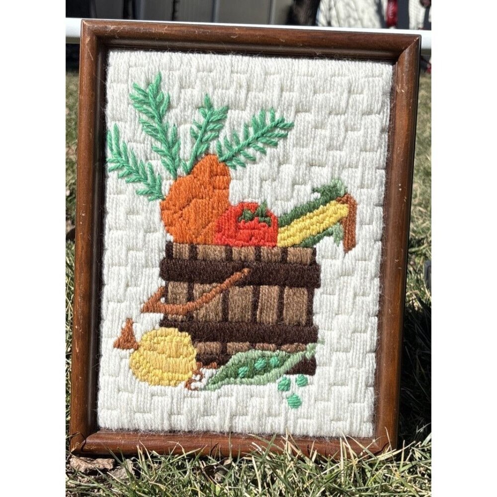 Framed Vtg Completed Needlepoint Long Stitch Vegetables Colorful Kitchen 13x10
